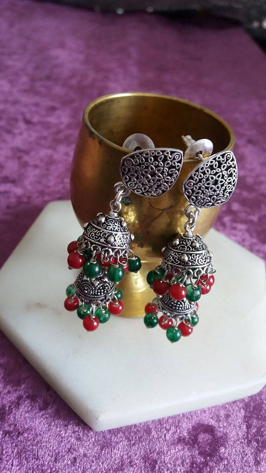 BOHEMIAN STYLE HANDCRAFTED GERMAN SILVER EARRINGS WITH RED AND GREEN BEADS