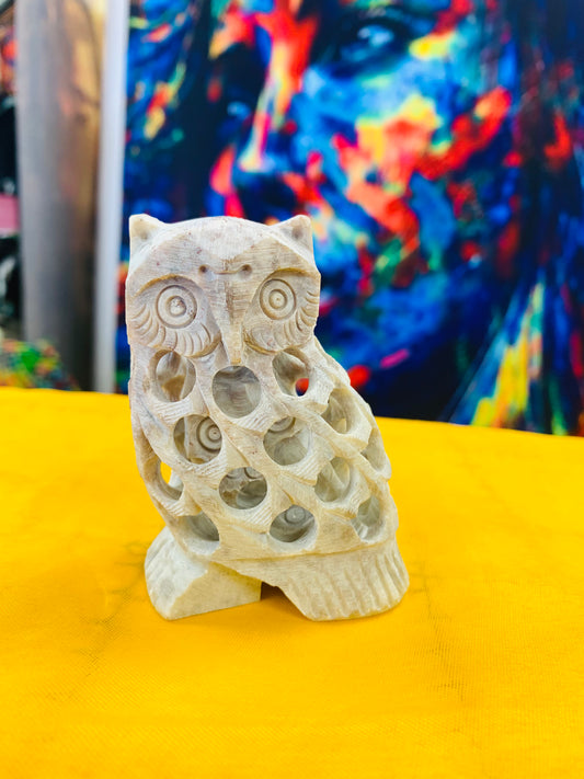 BOHO HANDCRAFTED AND HAND CARVED MARBLE STONE OWL STATUE # 66000