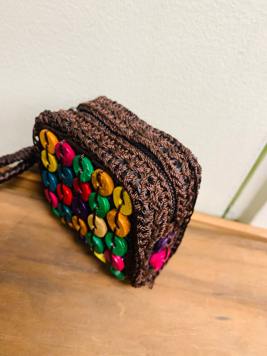 BOHEMIAN STYLE HANDCRAFTED WOOD FLOWER SMALL BAG/PURSE # 51212