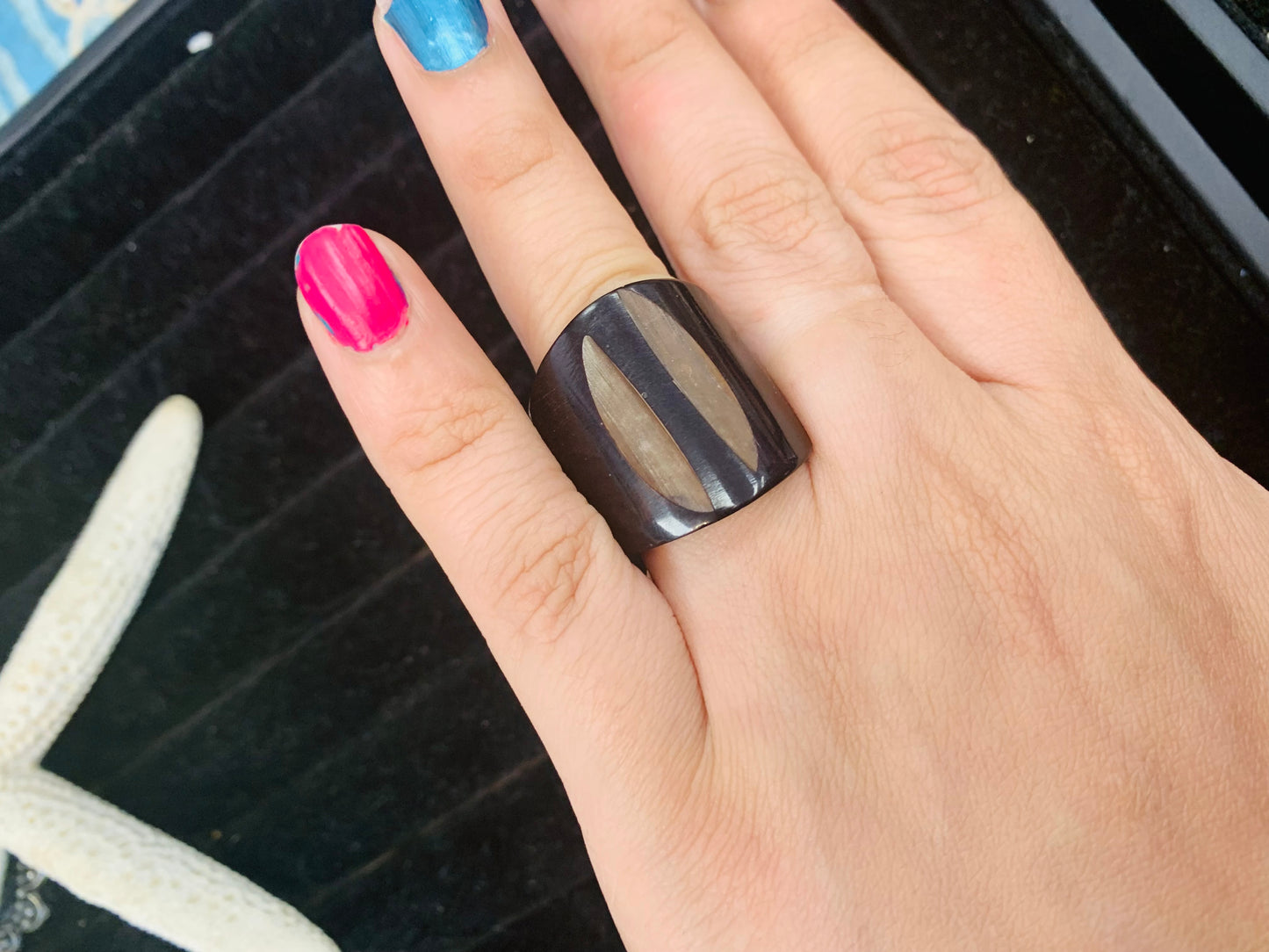 Bohemian style handcrafted wood Ring # 894