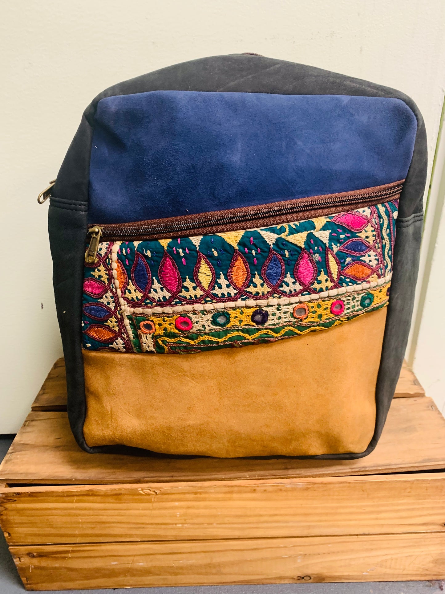 Bohemian style handcrafted Genuine Suede leather Backpack  #58880