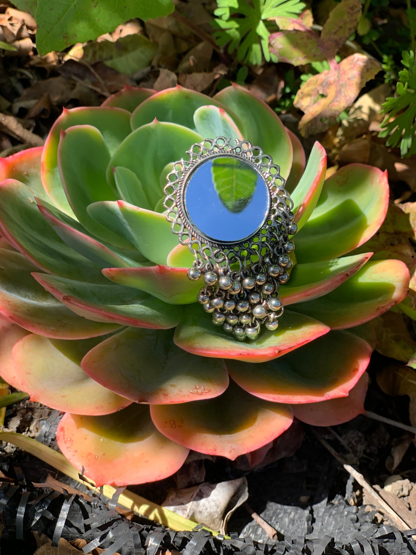 Bohemian style handcrafted Mirror Ring with fringe # 71