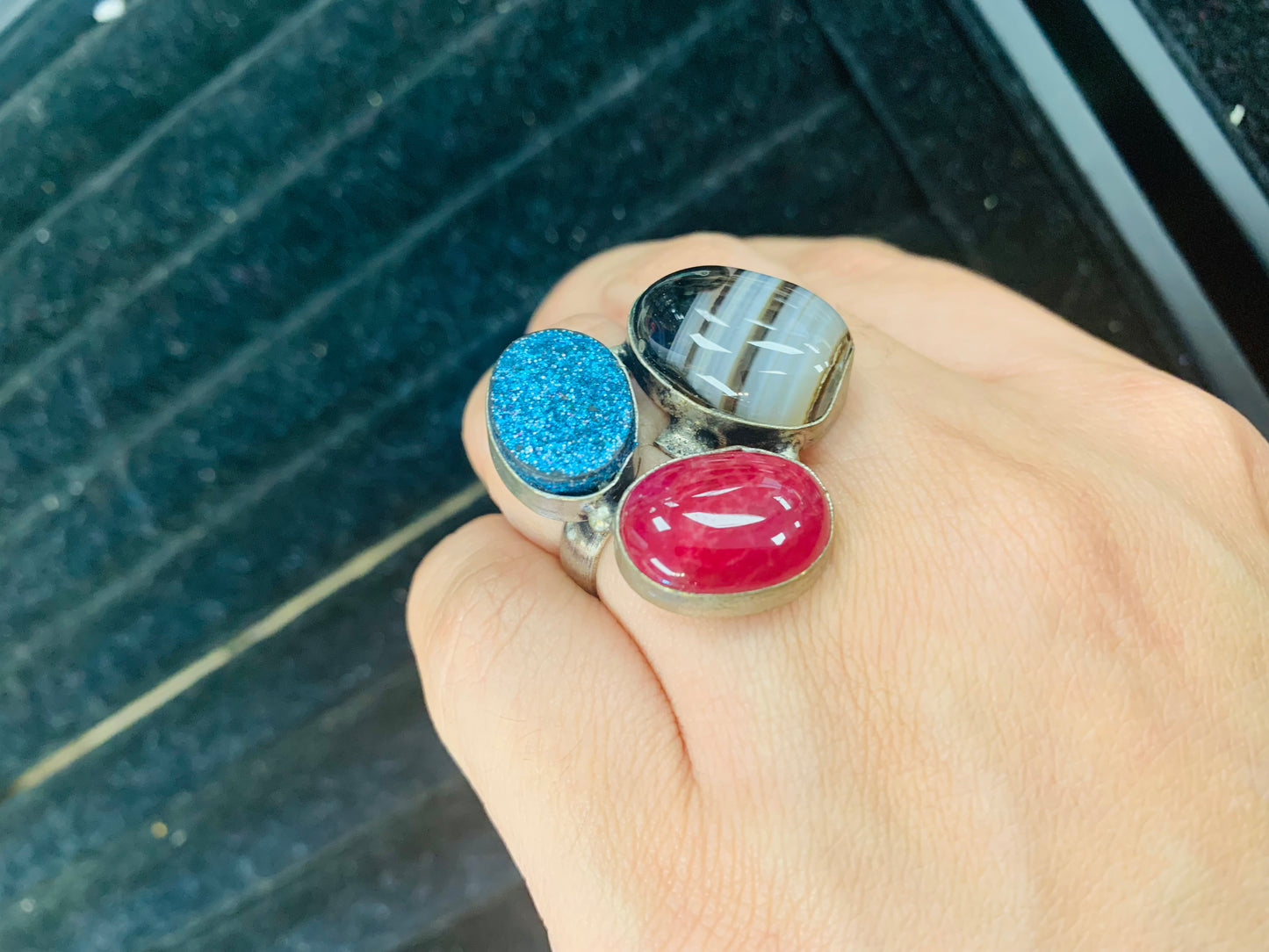 Bohemian style handcrafted gypsy 3 Stones ring #1911