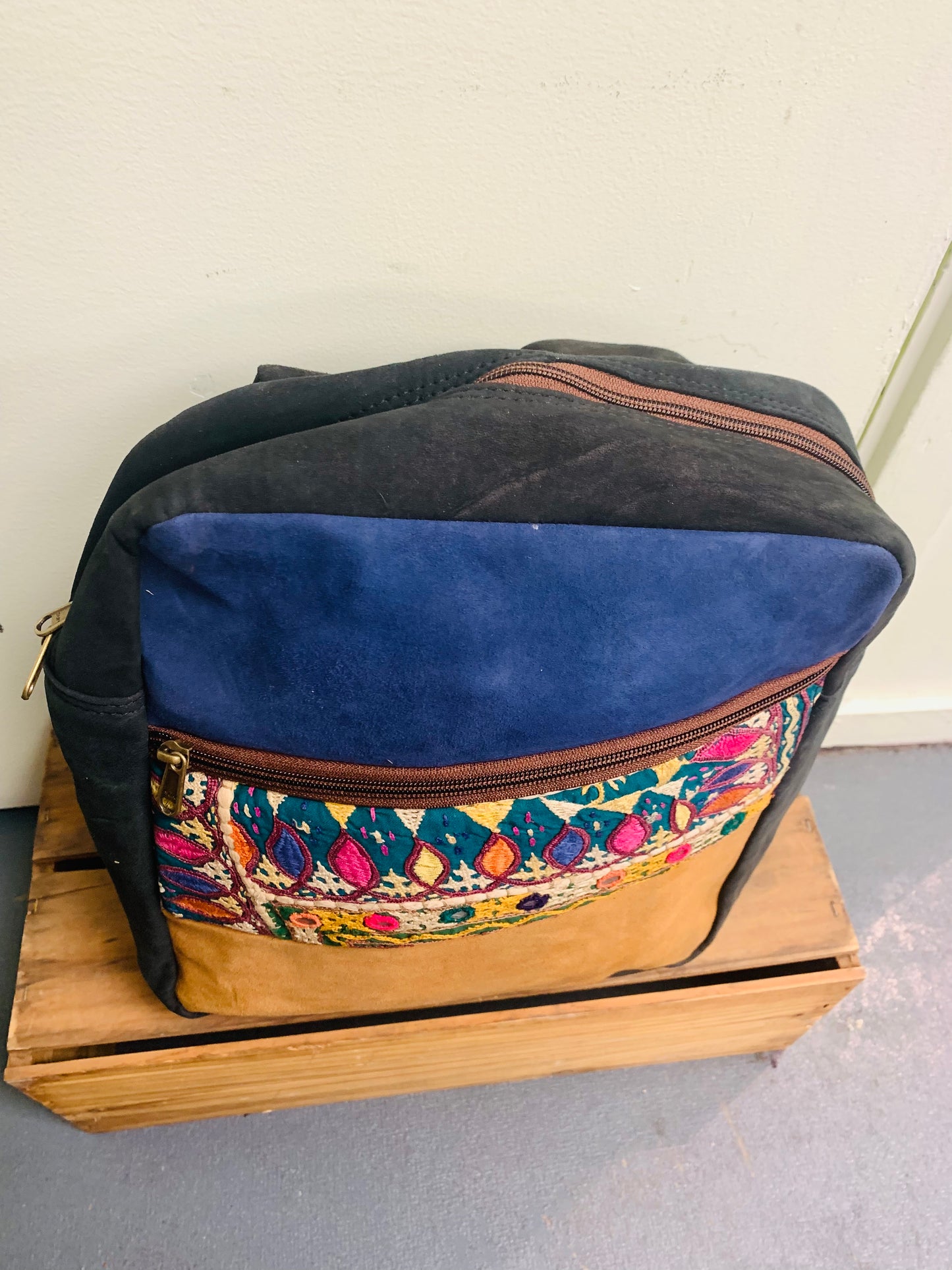 Bohemian style handcrafted Genuine Suede leather Backpack #58880