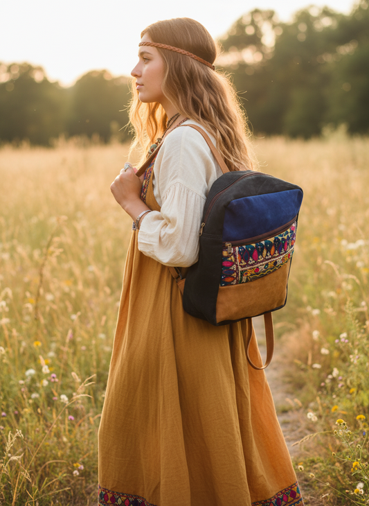 Bohemian style handcrafted Genuine Suede leather Backpack  #58880
