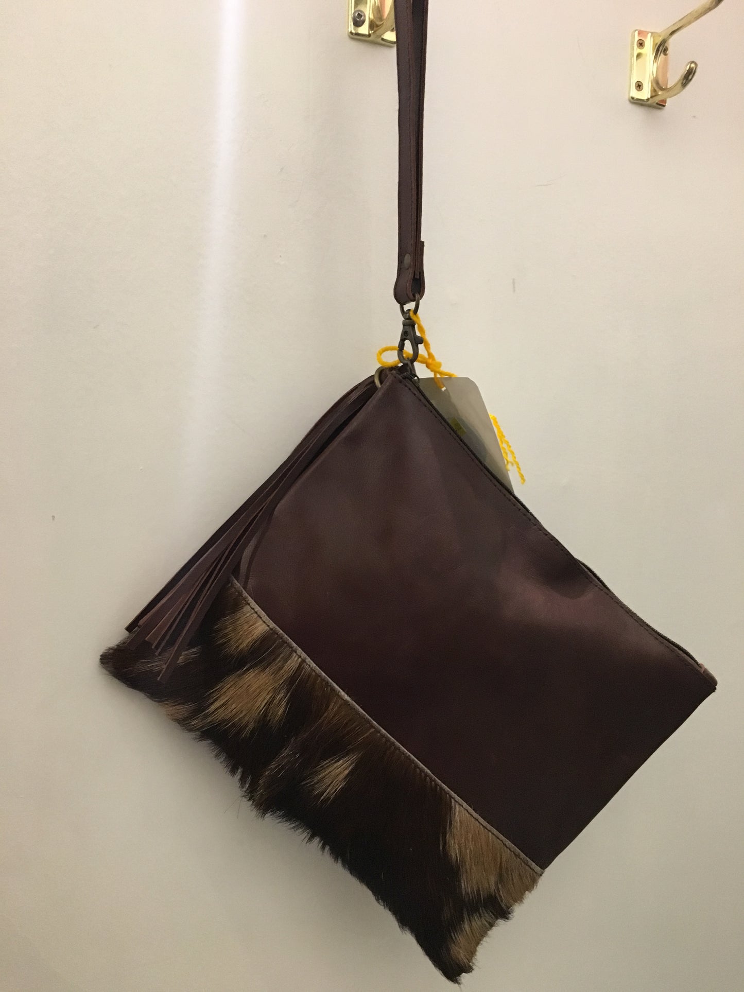 Bohemian style handcrafted Genuine leather with cowhide and tassel clutch  #12