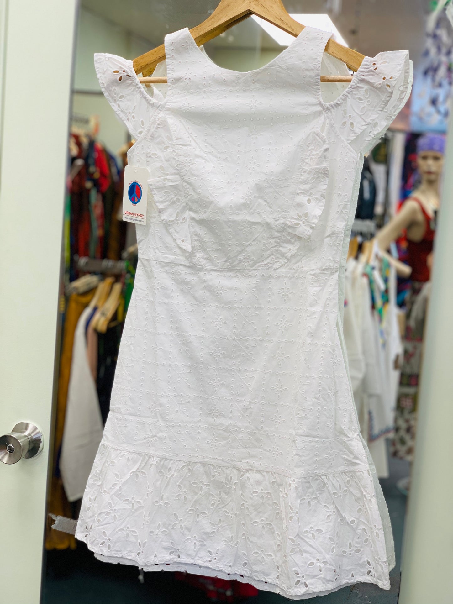 Bohemian style handcrafted cotton Cold shoulder white dress #0098