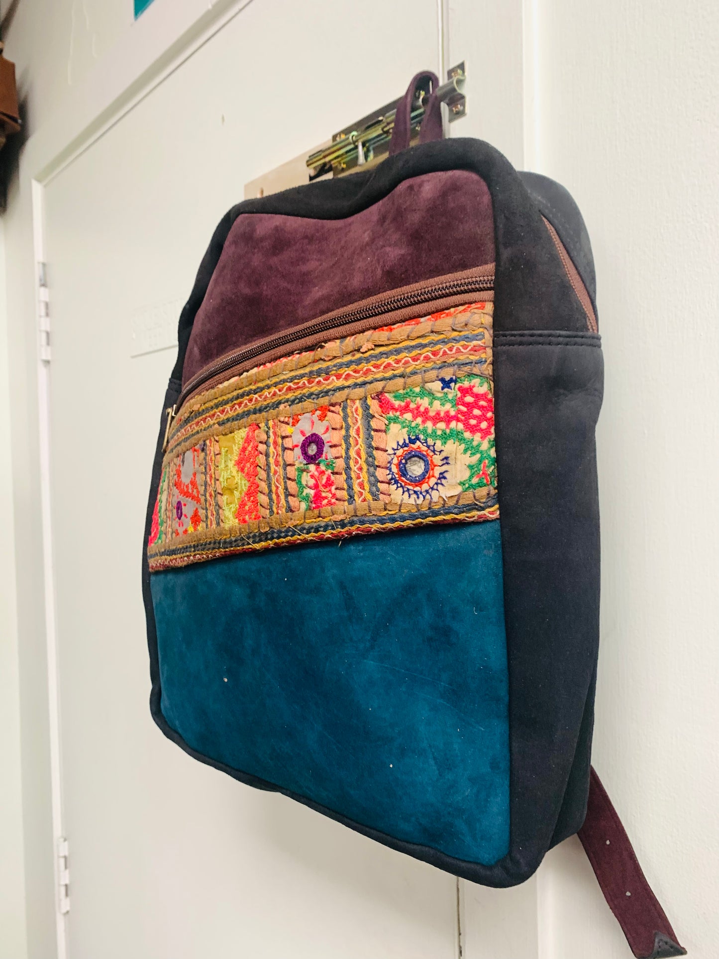 Bohemian style handcrafted Genuine Suede leather Backpack  #58881
